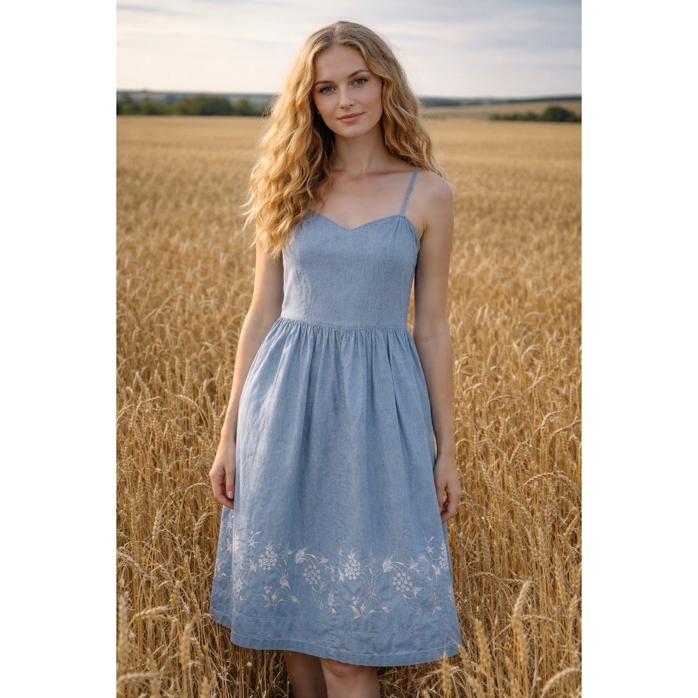 Liz Claiborne‎ Jean Dress Embroidered 14 Sweetheart Neck Chambray Cottagecore